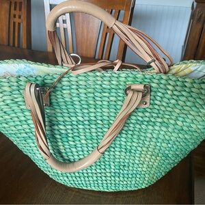 Banana Republic Large Straw Tote Leather Handles Tie Closures Fabric Lined